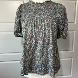 Loft‎ Floral Smocked Top Ruffle Neck Puff Sleeve Cottagecore Blouse Small
